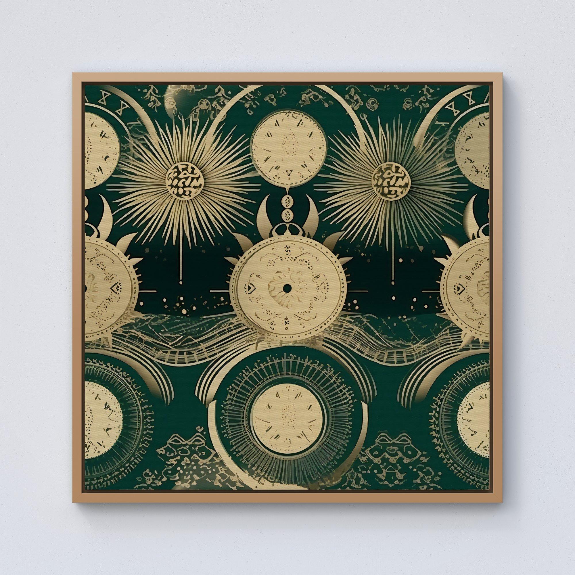 Green Moon and Sun Abstract Pattern Framed Canvas